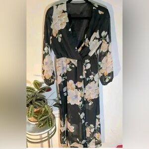 Floral Black Sheer Maxi Dress With Cinched Waist